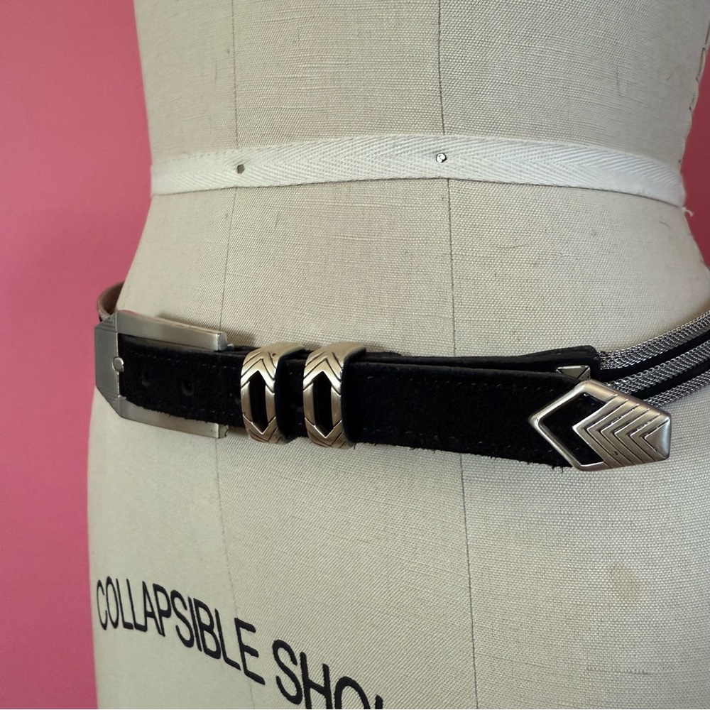 Vintage 80s/90s Western Solid Brass Silver Chain Mail Mesh Black Suede Belt ~XS - Picture 4 of 9